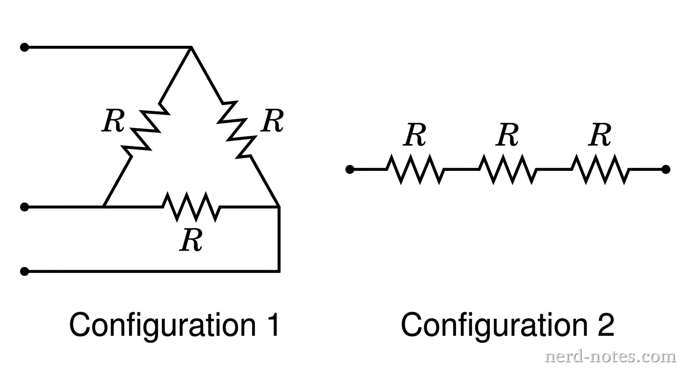 A circuit schematic showing two separate resistor networks labeled Configuration 1 and Configuration 2. Configuration 1 shows three identical resistors, each labeled R, connected in a closed equilateral triangle shape with two terminal leads extending outward from two of the vertices. Configuration 2 shows three identical resistors, each labeled R, connected end-to-end in a straight horizontal line in series between two terminal leads. No other components or labels appear.