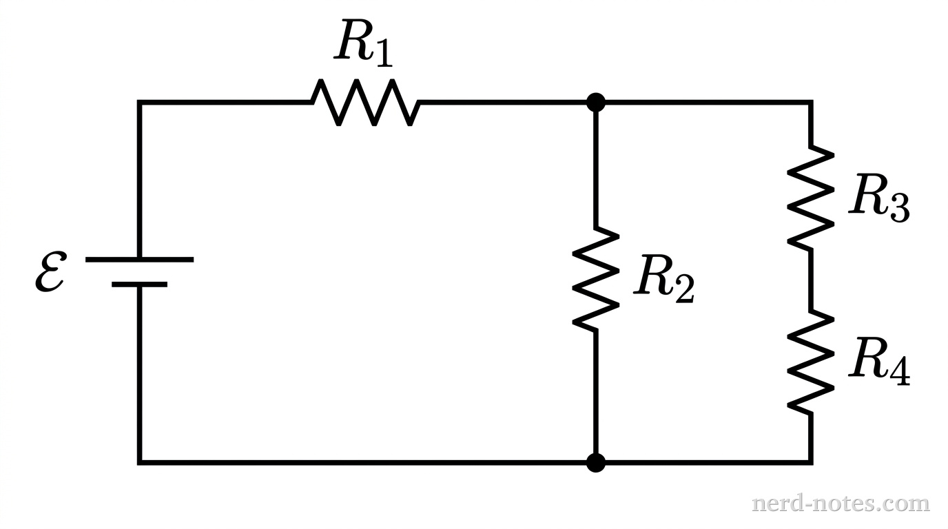 Circuit schematic with four identical resistors connected to an ideal battery.