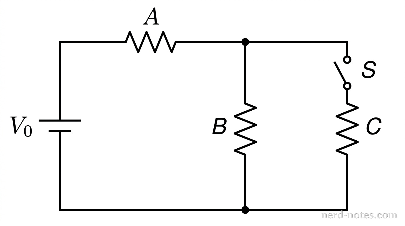 Circuit diagram with battery V_0, bulbs A, B, and C, and switch S.