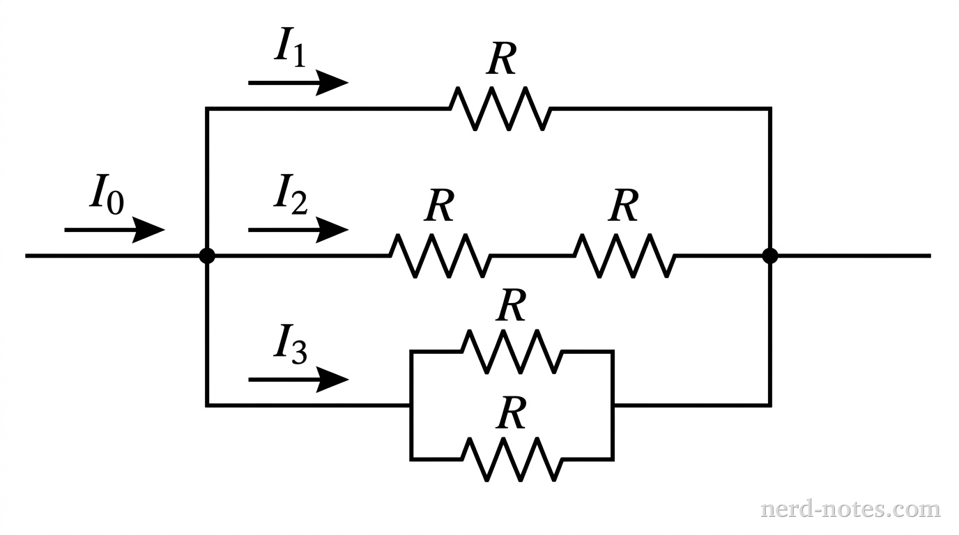 Circuit junction splitting into three parallel paths.