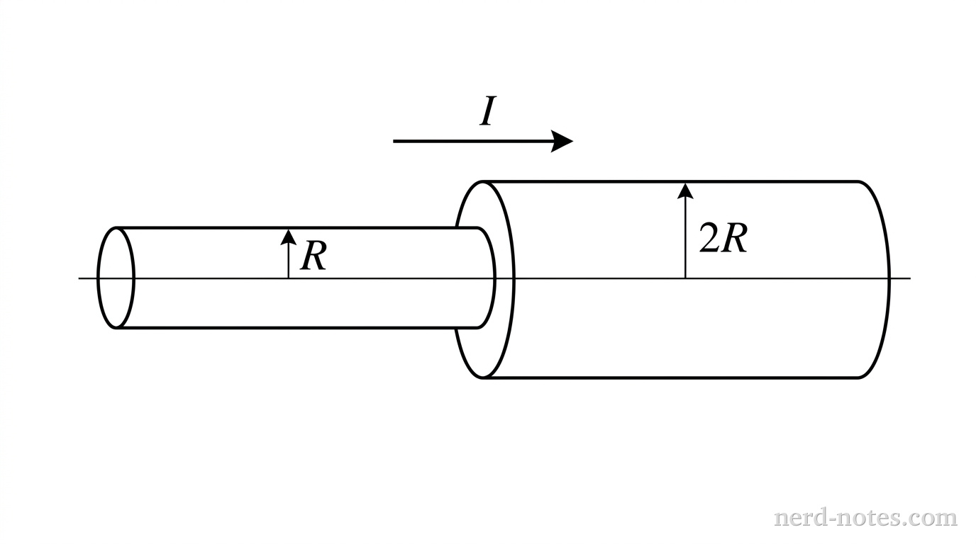 A horizontal copper wire consisting of two coaxial cylindrical sections connected end-to-end. The left section is narrower, with a radius labeled R. The right section is wider, with a radius labeled 2R. A rightward arrow labeled I indicates a steady current flowing through both sections. No other labels, lines, text, or axes appear.
