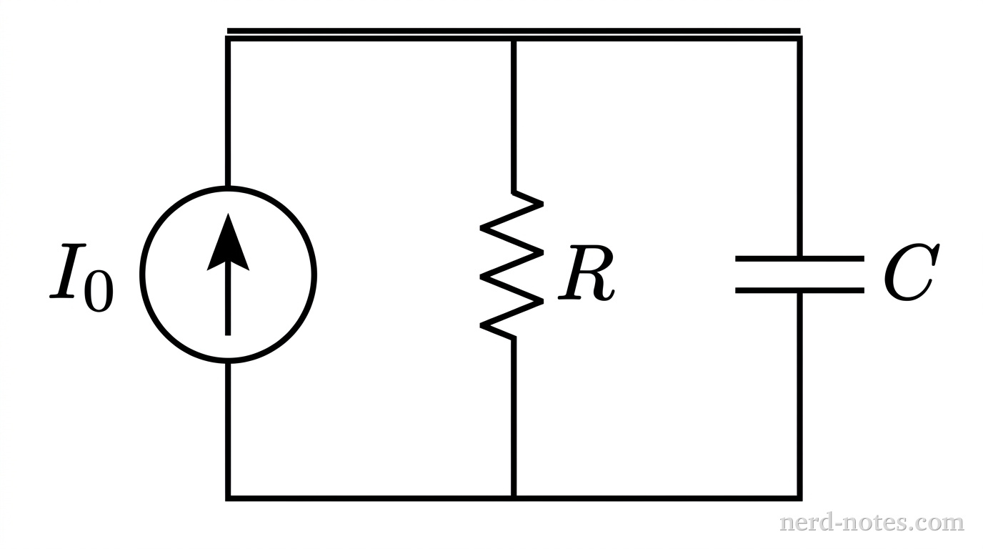 A schematic diagram of a parallel circuit. On the left vertical branch, a circle with a single arrow pointing upward inside it is labeled I_0. Connected in parallel to its right across top and bottom horizontal wire rails are two vertical branches: the middle branch contains a zigzag resistor labeled R, and the rightmost branch contains two parallel vertical lines representing a capacitor labeled C. No other components or labels appear.
