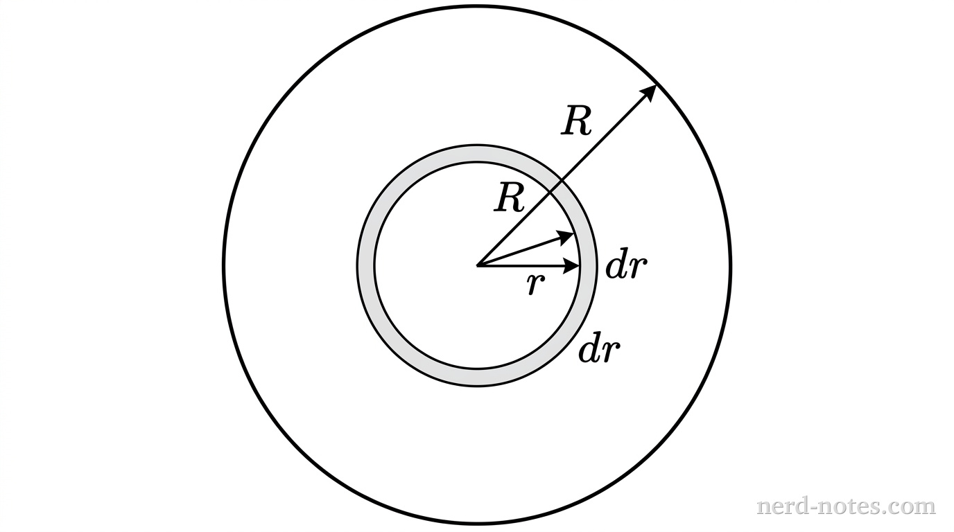 A circular cross section of a cylindrical wire of radius R centered at the origin. A concentric thin shaded ring of radius r and thickness dr is shown within the cross section. A radial arrow points from the center to the outer edge, labeled R. A smaller radial arrow points from the center to the shaded ring, labeled r. No other labels, lines, text, or axes appear.
