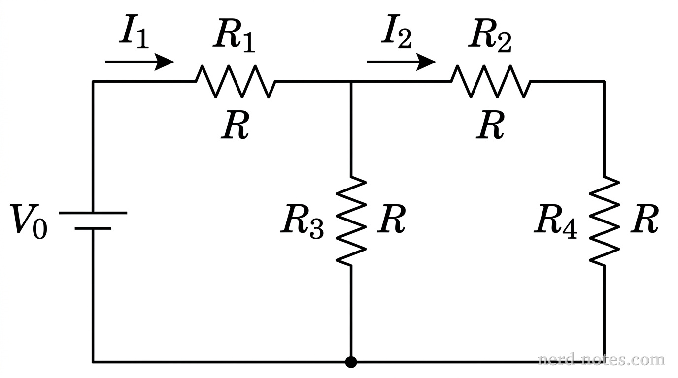 A two-stage ladder network of four identical resistors.