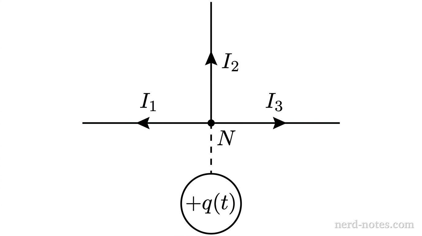 A schematic diagram showing a single central junction node labeled N. Branch 1 extends horizontally to the left from node N, carrying a current labeled I_1 with an arrow pointing toward node N. Branch 2 extends vertically upward from node N, carrying a current labeled I_2 with an arrow pointing away from node N. Branch 3 extends horizontally to the right from node N, carrying a current labeled I_3 with an arrow pointing away from node N. A small dashed downward path leads from node N to a circle labeled +q(t) to represent charge accumulation at the node. No other components, power sources, loops, or labels appear.