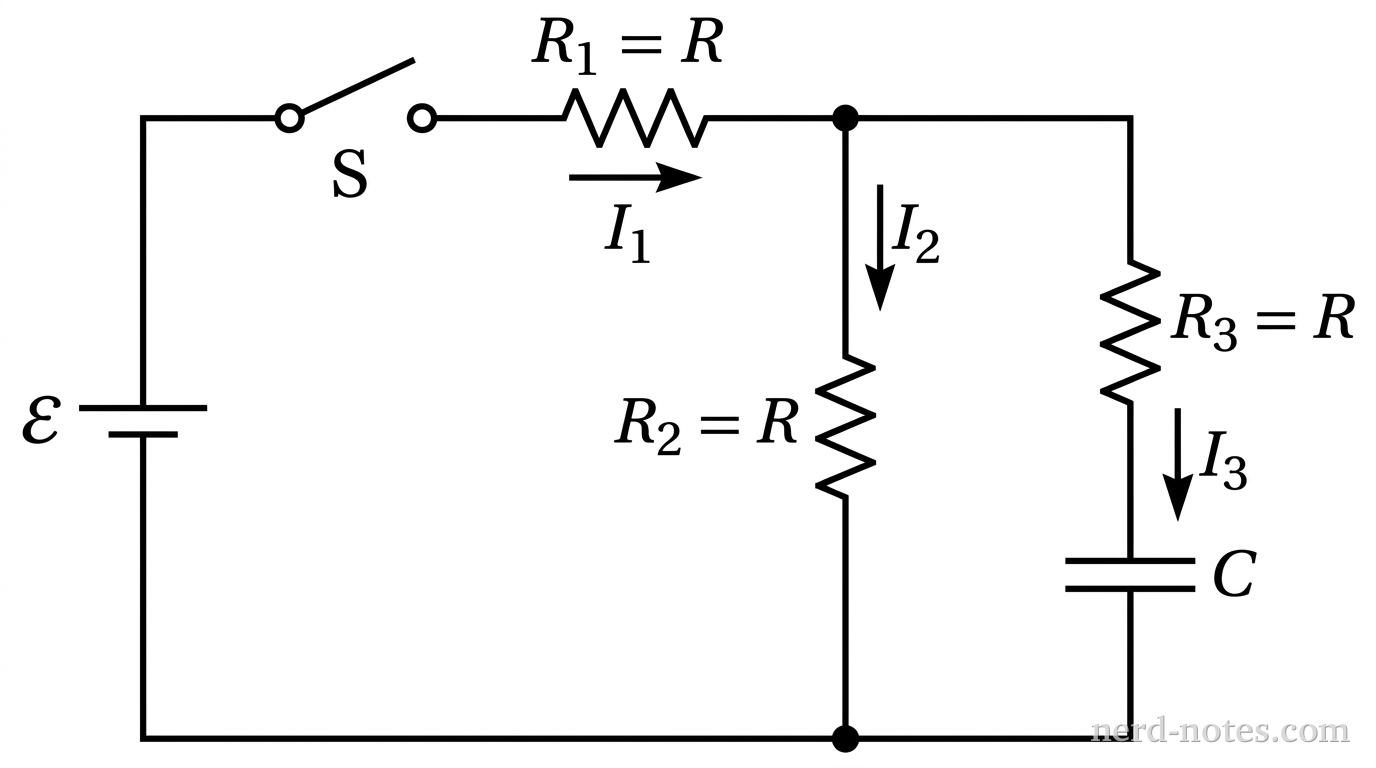 Circuit schematic with resistors R1, R2, R3, capacitor C, switch S, and battery.