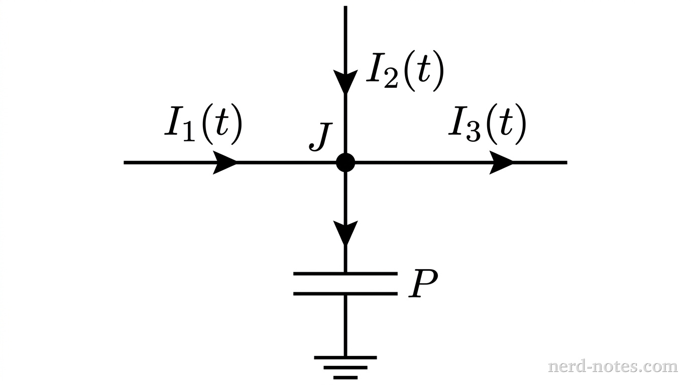 A circuit schematic centered on a single circular junction dot labeled J. Four straight wire segments meet at junction J. A horizontal wire on the left extends to junction J, featuring a rightward-pointing arrow labeled I_1(t). A vertical wire extending from above meets junction J, featuring a downward-pointing arrow labeled I_2(t). A horizontal wire on the right extends away from junction J, featuring a rightward-pointing arrow labeled I_3(t). A vertical wire extends downward from junction J to the top plate of a parallel-plate capacitor, which consists of two parallel horizontal line segments. An arrow pointing downward along this wire indicates net current entering the capacitor. The top plate is labeled P, and the bottom plate is connected to a standard three-line ground symbol. No other labels, text, or components appear.