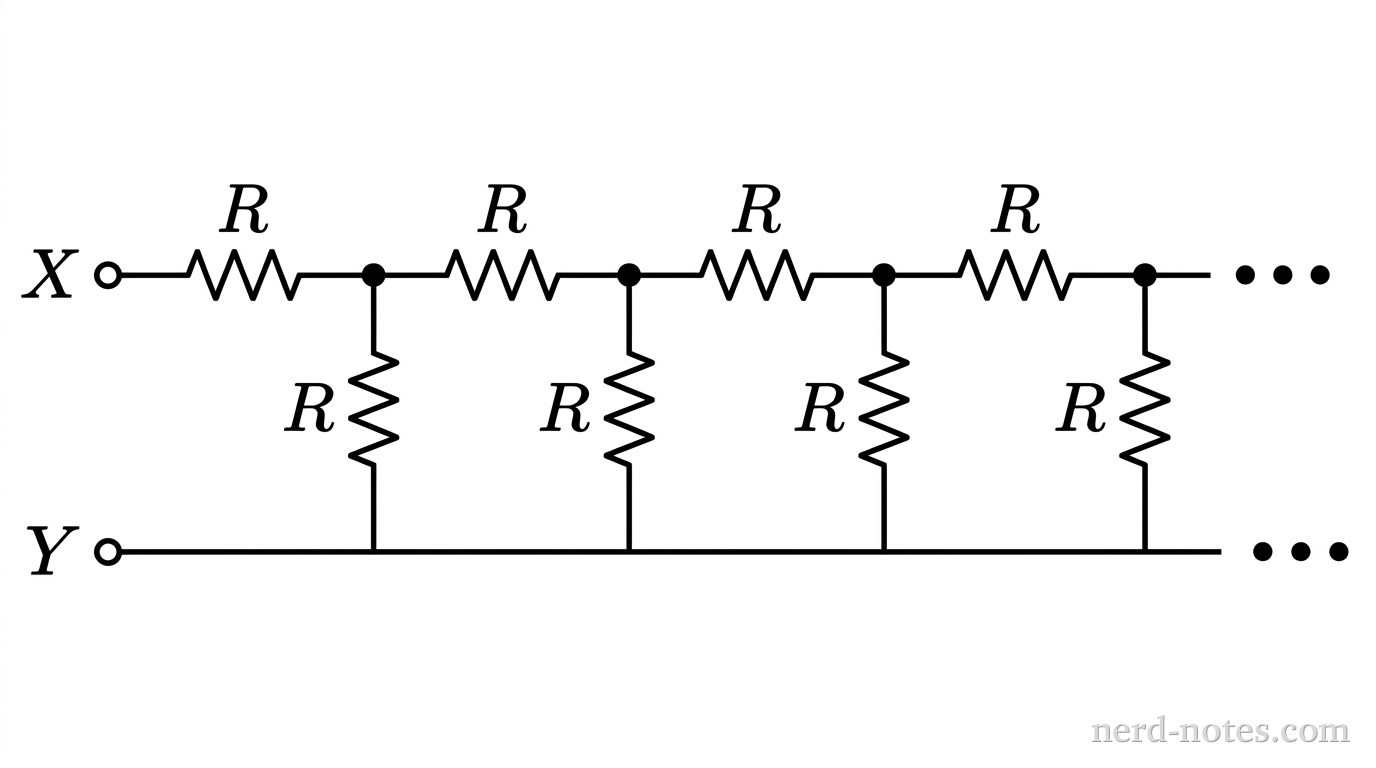 A horizontal schematic diagram of an infinite resistor ladder network. Two terminals labeled X (top left) and Y (bottom left) connect to the network. The top wire contains a series resistor labeled R, followed by a junction node. From this node, a vertical wire with a resistor labeled R goes down to the bottom continuous horizontal wire. From the same node, the top horizontal wire continues to the right through another resistor labeled R to a second node, which connects down through a vertical resistor labeled R to the bottom wire. This pattern repeats to the right, ending with an ellipsis (three horizontal dots) indicating an infinite continuation. The bottom wire is a single straight continuous line connecting terminal Y to the bottom terminals of all vertical resistors. No other labels or components appear.
