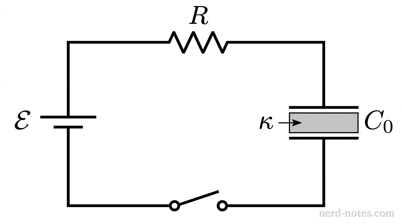 A schematic of a single-loop RC circuit drawn with clean black lines. On the left vertical branch, an ideal battery symbol is labeled with the text \(\mathcal{E}\). On the top horizontal branch, a resistor is drawn as a zig-zag line labeled \(R\). On the right vertical branch, a parallel-plate capacitor is shown as two parallel horizontal plate segments labeled \(C_0\). A shaded rectangular slab labeled with dielectric constant \(\kappa\) is shown positioned partially between the plates, with an arrow pointing into the gap indicating insertion. A closed switch symbol is located on the bottom horizontal branch. No other labels, text, or circuit components appear.