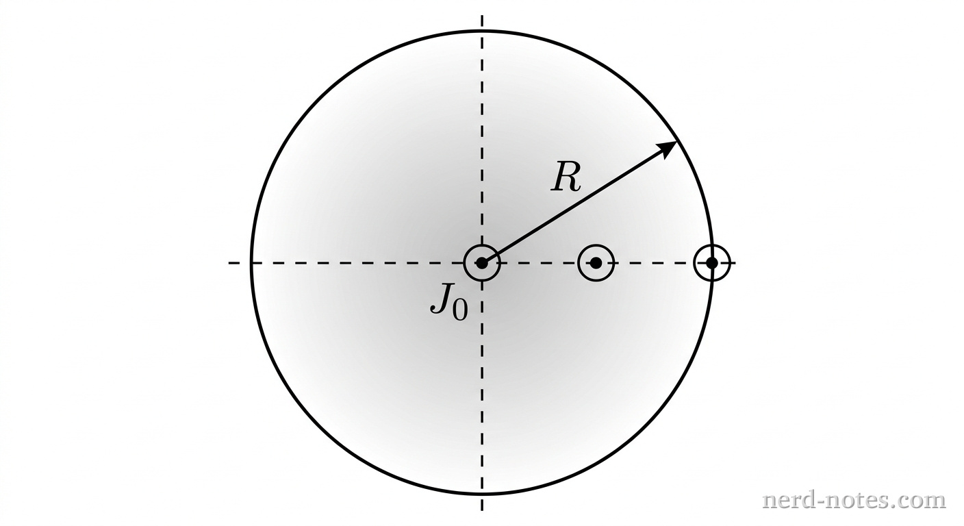 A circular cross-section of a cylindrical conductor of radius \(R\). A dashed black crosshair marks the center point. A solid black circle of radius \(R\) bounds the cross-section. A single straight black arrow extends from the center point to the outer circular boundary at an angle of 30 degrees above the horizontal, labeled \(R\). Three small circles containing central black dots are positioned along the horizontal axis: one near the center labeled \(J_0\), one halfway to the edge, and one near the outer edge. A light gray gradient fills the circle, darker near the center and fading to white at the outer boundary. No other labels, lines, text, or axes appear.