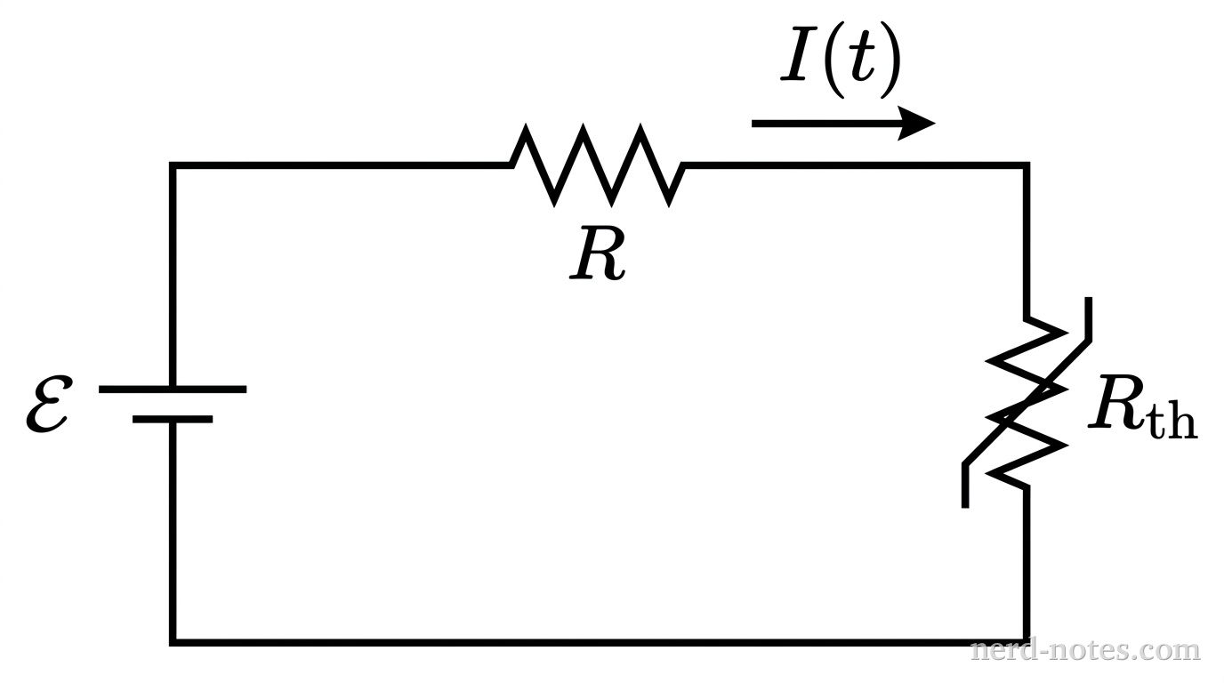 Circuit schematic with battery, resistor, and thermistor.