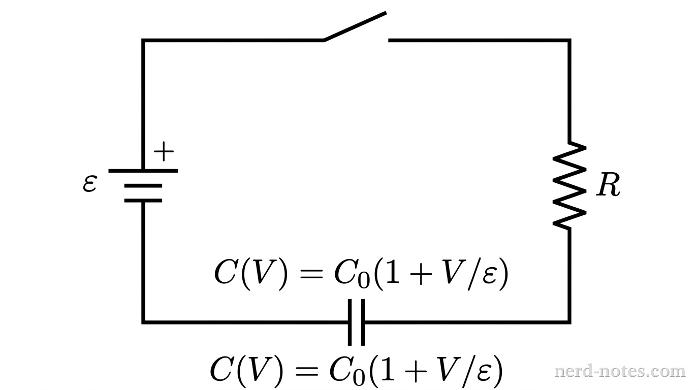 A schematic diagram of a single-loop electric circuit containing a battery of electromotive force \varepsilon on the left vertical branch, a switch at the top horizontal wire, a resistor of resistance R on the right vertical branch, and a non-linear capacitor labeled C(V) on the bottom horizontal branch. The loop is drawn as a rectangle with thin solid lines. The battery is depicted with standard long and short parallel plate symbols, with the longer plate on top labeled with a plus sign. The resistor is depicted with a standard zigzag line labeled R. The capacitor is depicted with two parallel lines labeled C(V) = C_0(1 + V/\varepsilon). No arrows or charge signs appear on the schematic. No other labels, lines, text, or axes appear.