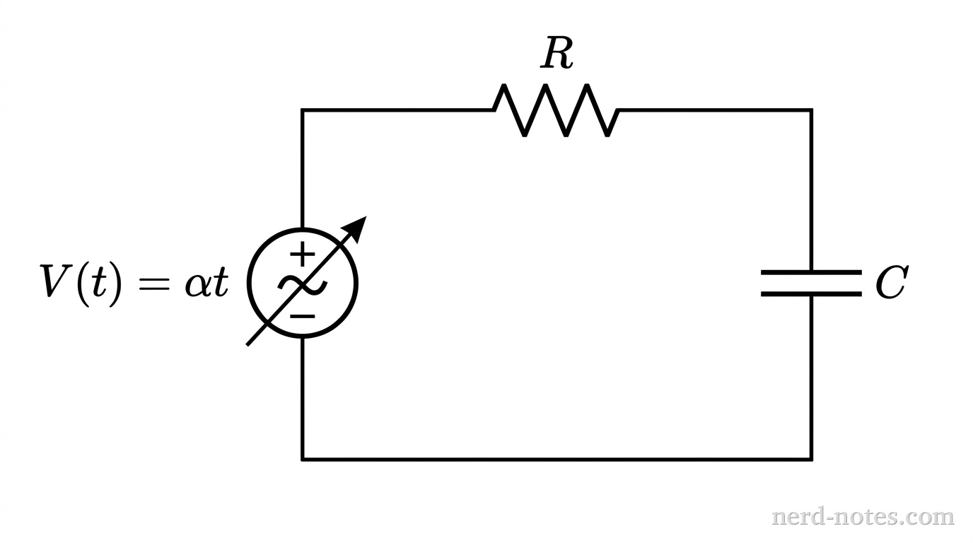 A schematic of a single-loop series RC circuit. On the left is a variable voltage source symbol labeled V(t) = \alpha t. Connected in series along the top wire is a resistor labeled R. Connected in series along the right vertical wire is a capacitor labeled C. Wires complete the loop back to the voltage source. No other elements or annotations appear.