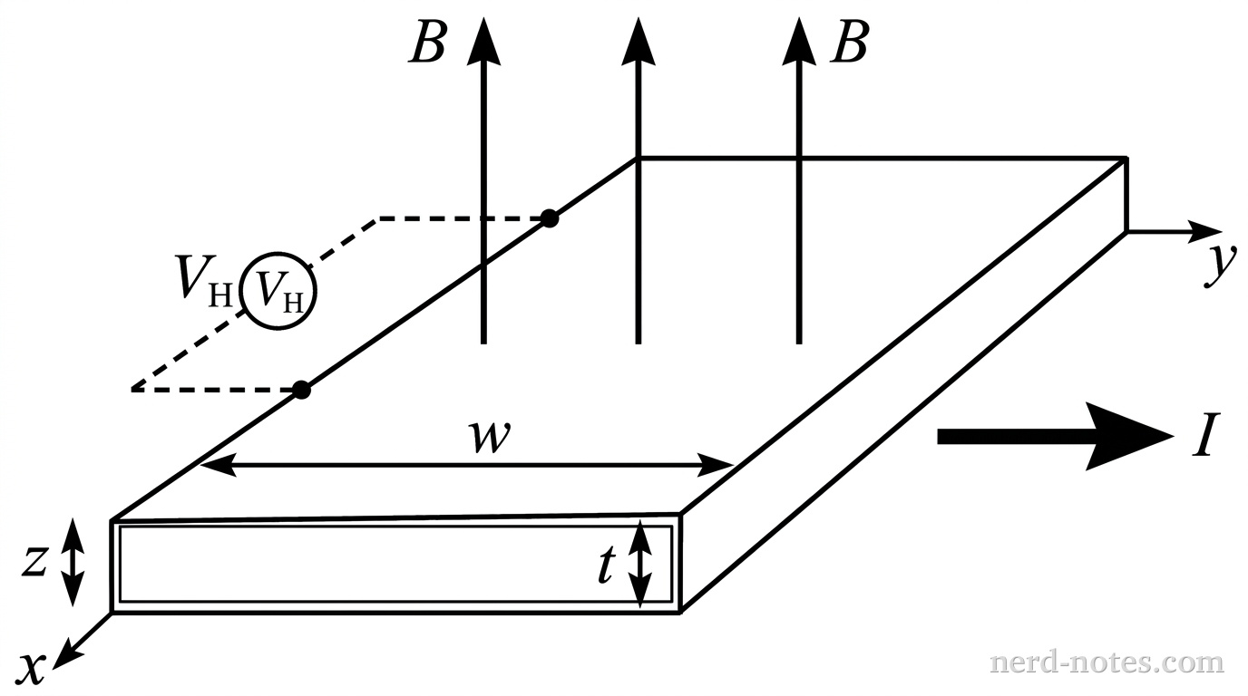 A three-dimensional perspective view of a rectangular conducting ribbon aligned horizontally. The ribbon has length along the x-axis, width \(w\) along the y-axis, and thickness \(t\) vertically along the z-axis, with \(t\) noticeably smaller than \(w\). A bold arrow labeled \(I\) points to the right along the length of the ribbon. A uniform magnetic field is represented by three vertical parallel arrows pointing upward through the flat top surface of the ribbon, each labeled \(B\). Across the transverse width \(w\) on the top face, two small terminal dots are shown on opposite long edges, connected by dashed leads to a voltmeter symbol labeled \(V_H\). A dimension line across the top face marks the width \(w\), and a dimension line on the front vertical edge marks the thickness \(t\). No other labels, lines, text, or axes appear.