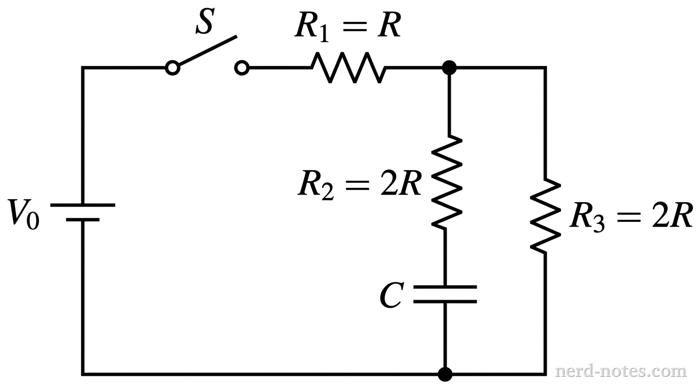 A schematic diagram of a DC circuit. At the top left, an ideal battery labeled V_0 is oriented vertically with its positive terminal on top. Connected to the positive terminal, a top horizontal wire extends to the right, containing an open switch labeled S, followed by a resistor labeled R_1 = R. The wire reaches a top junction node. From this node, two parallel vertical branches descend to a bottom junction node. The left branch contains a resistor labeled R_2 = 2R in series above an uncharged capacitor labeled C. The right branch contains a resistor labeled R_3 = 2R. A single bottom horizontal wire connects the bottom junction node back to the negative terminal of the battery. No other labels, lines, text, or axes appear.