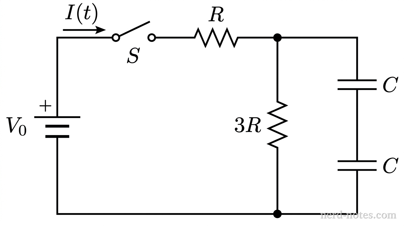A rectangular schematic diagram of an electric circuit. On the left vertical wire, an ideal battery is oriented vertically with positive terminal on top, labeled V_0. An open switch labeled S is located on the top horizontal wire, to the right of the battery. To the right of switch S on the top horizontal wire is a resistor labeled R. Beyond resistor R, the top wire reaches a junction node that splits into two vertical parallel branches. The middle vertical branch contains a resistor labeled 3R. The right vertical branch contains two capacitors connected in series, each labeled C, arranged vertically one above the other. Both parallel branches rejoin at a bottom junction node, which connects via a bottom horizontal wire back to the negative terminal of the battery. An arrow labeled I(t) points to the right along the top wire between the battery and switch S. No other labels, lines, text, or axes appear.