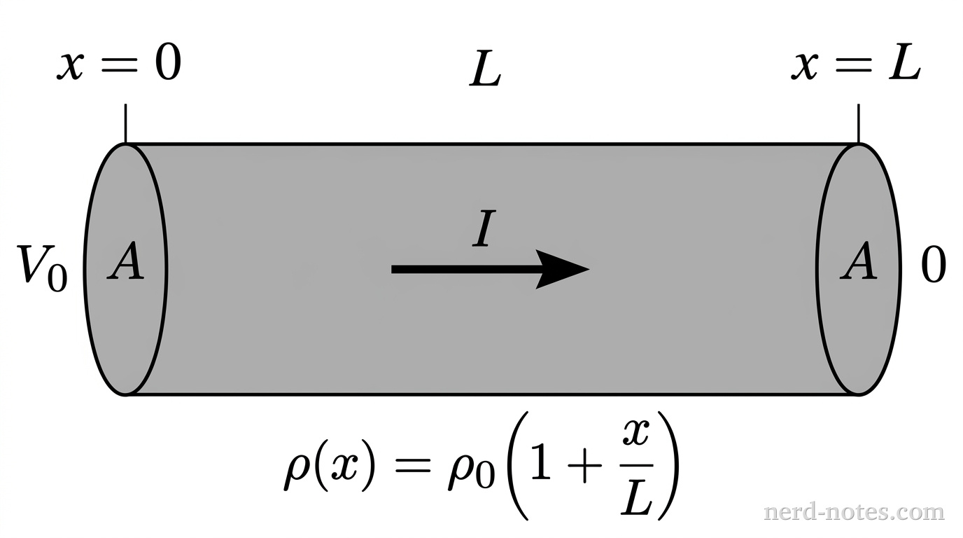 A horizontal cylindrical rod of length L and cross-sectional area A lies along the x-axis from x = 0 to x = L. An arrow labeled I points to the right inside the rod. The left end at x = 0 is labeled V_0 and the right end at x = L is labeled 0. Below the rod, a formula label reads \rho(x) = \rho_0(1 + x/L). No other labels, lines, text, or axes appear.