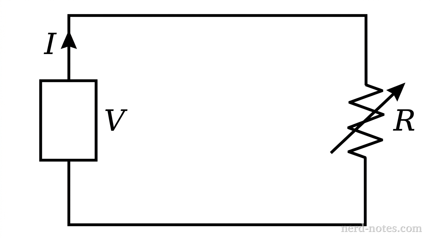 Circuit containing a solar cell connected to a variable load resistor.