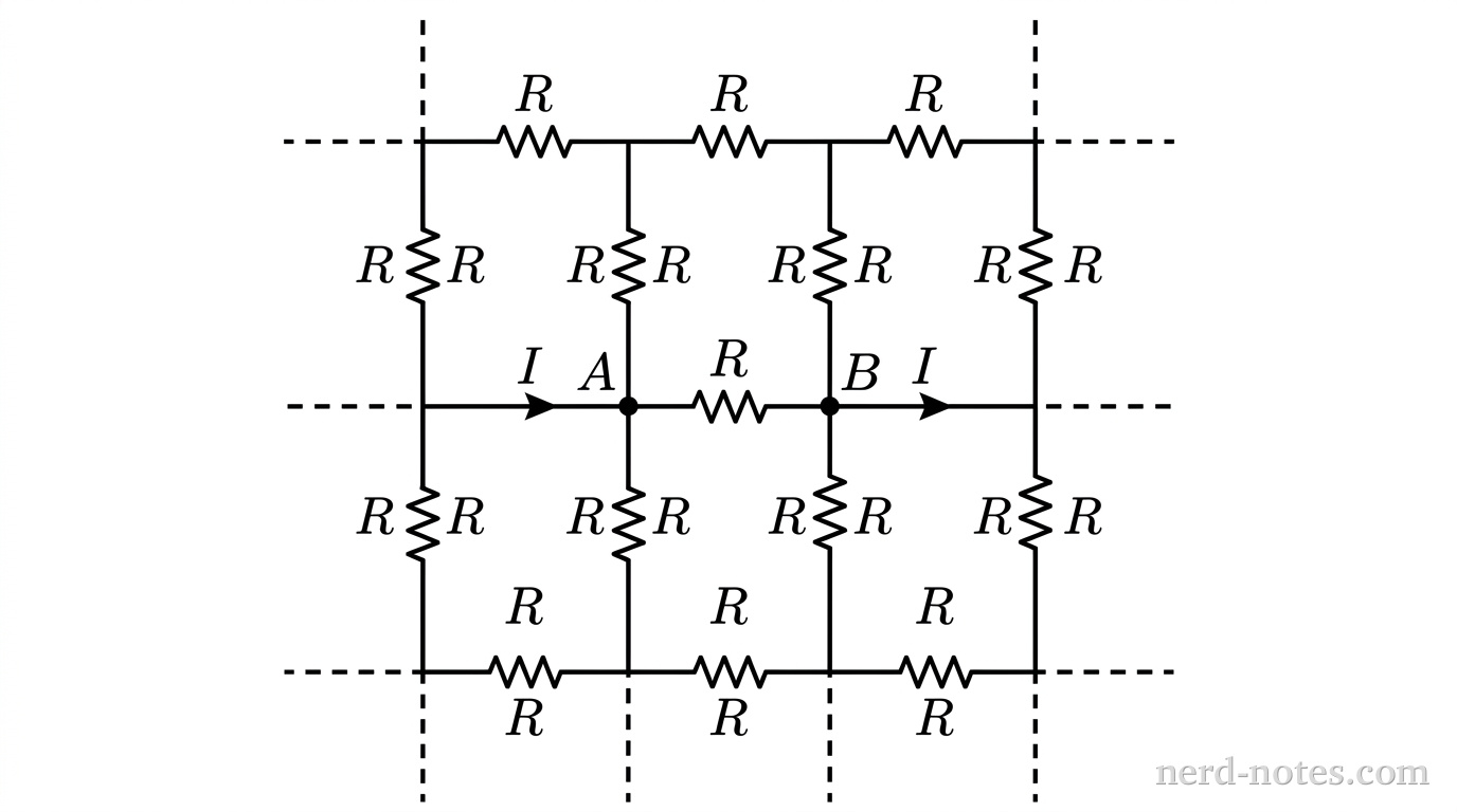 A schematic diagram showing a portion of an infinite two-dimensional square grid of identical resistors. Each grid segment represents a resistor labeled R. Two adjacent junction nodes near the center are prominently labeled A and B, connected directly by a single horizontal resistor R. An arrow labeled I points into node A from an external current source, and an arrow labeled I points out of node B to an external sink. Dashed lines extend outward from the outer boundaries of the drawn grid in all four directions to indicate that the grid extends infinitely. No other labels, text, or construction lines appear.