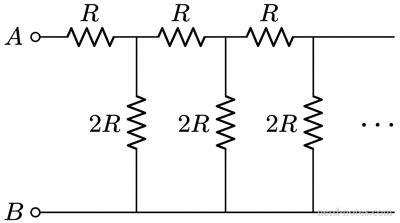 Infinite ladder resistor network with series resistors \(R\) and shunt resistors \(2R\).
