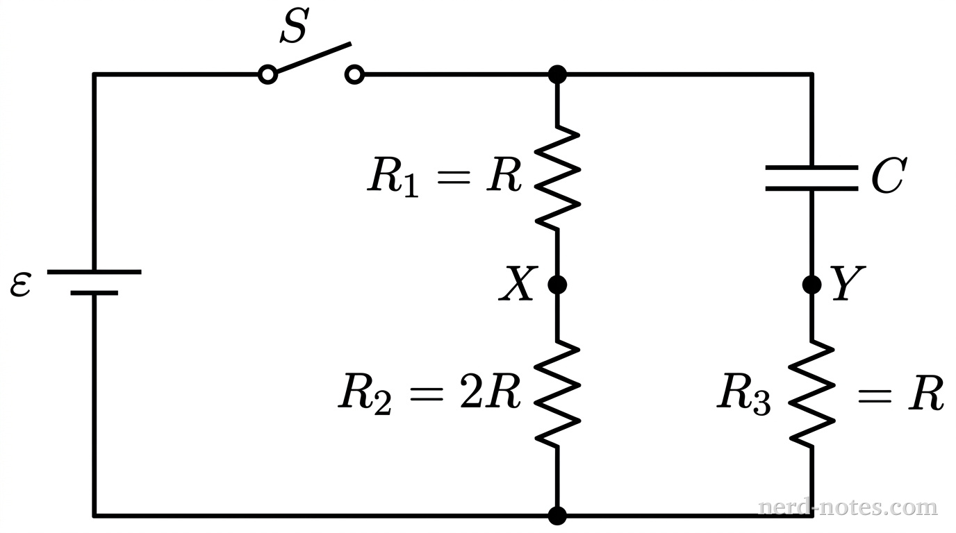 A schematic diagram of a direct-current circuit. An ideal battery labeled \(\varepsilon\) is on the left side, oriented vertically with its long positive terminal at the top and short negative terminal at the bottom. A switch labeled \(S\) is located on the top horizontal wire leading from the positive battery terminal. Beyond the switch, the circuit splits into two parallel vertical branches before returning to the negative battery terminal at the bottom rail. The left branch contains a top resistor labeled \(R_1 = R\) and a bottom resistor labeled \(R_2 = 2R\), with a junction node labeled \(X\) located between them. The right branch contains a top capacitor labeled \(C\) drawn as two parallel plates and a bottom resistor labeled \(R_3 = R\), with a junction node labeled \(Y\) located between them. The bottom wire connects the lower terminals of \(R_2\) and \(R_3\) back to the negative terminal of the battery. No other labels, components, or lines appear.