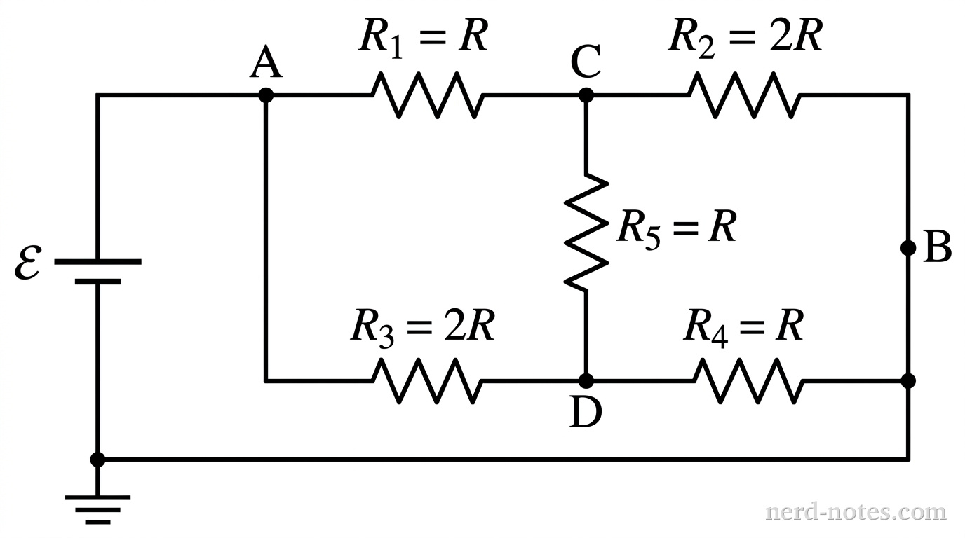 Resistor bridge network connected to an ideal battery.