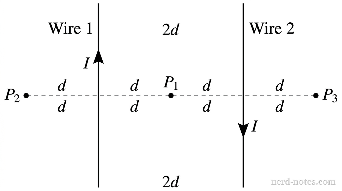 Top view of two parallel wires carrying equal currents in opposite directions.