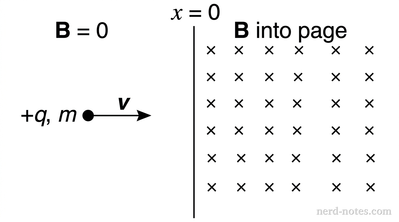 A charged particle entering a region of uniform magnetic field.