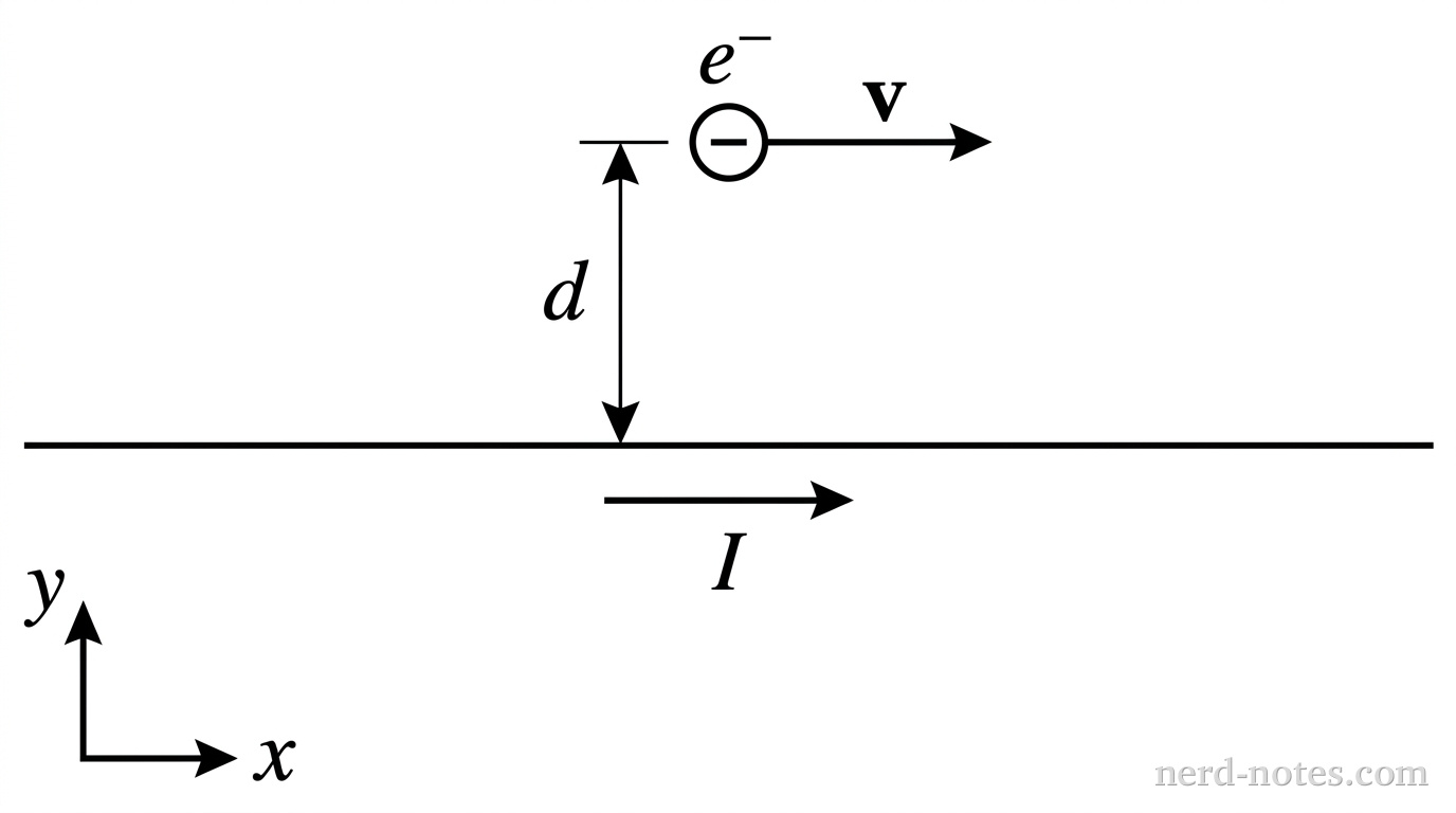 An electron moving parallel to a long current-carrying wire.