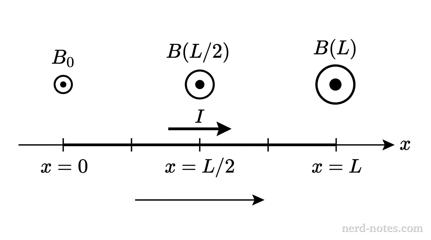 A wire carrying current I in a linearly varying magnetic field B(x).