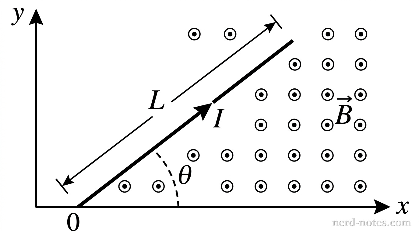 A straight wire segment carrying current in a non-uniform magnetic field.