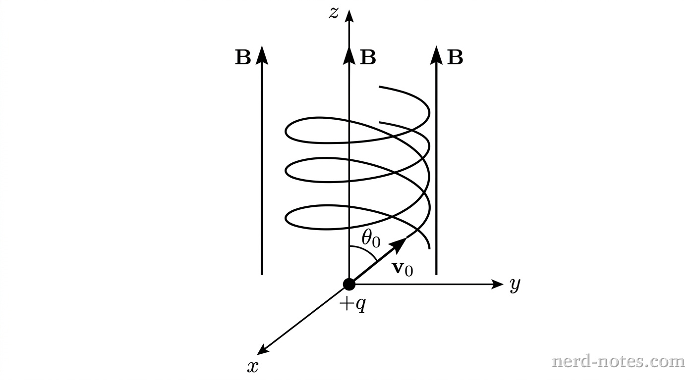 Particle trajectory in a uniform magnetic field with linear drag.