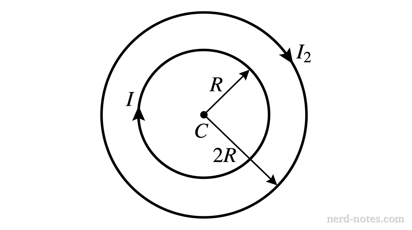 Two concentric coplanar circular loops with opposing currents.