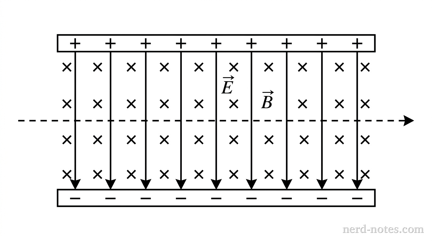 Crossed electric and magnetic fields in a velocity selector.