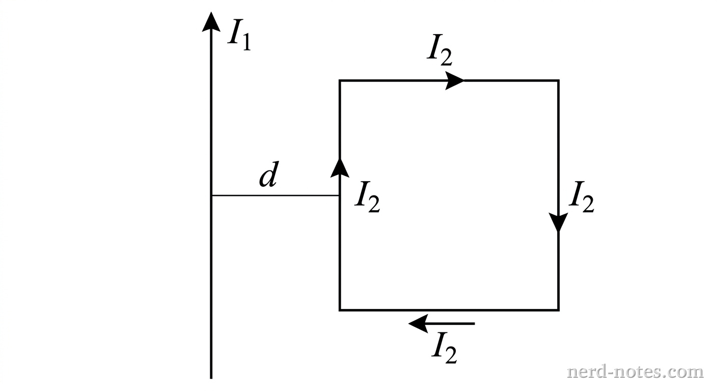 A straight wire carrying current I_1 near a square loop carrying current I_2.