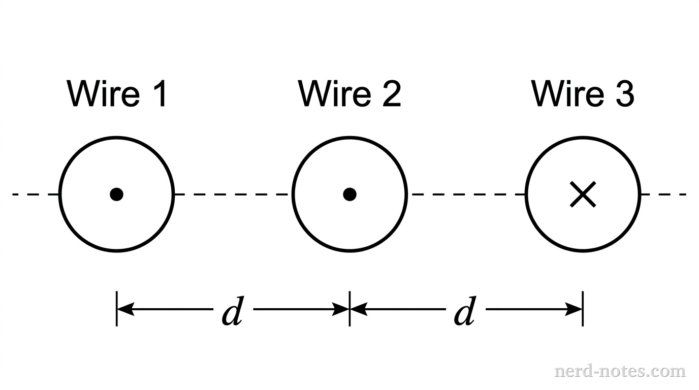 Cross-sectional view of three parallel current-carrying wires.