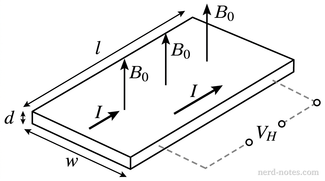 Conducting strip carrying current \(I\) in a magnetic field \(B_0\).