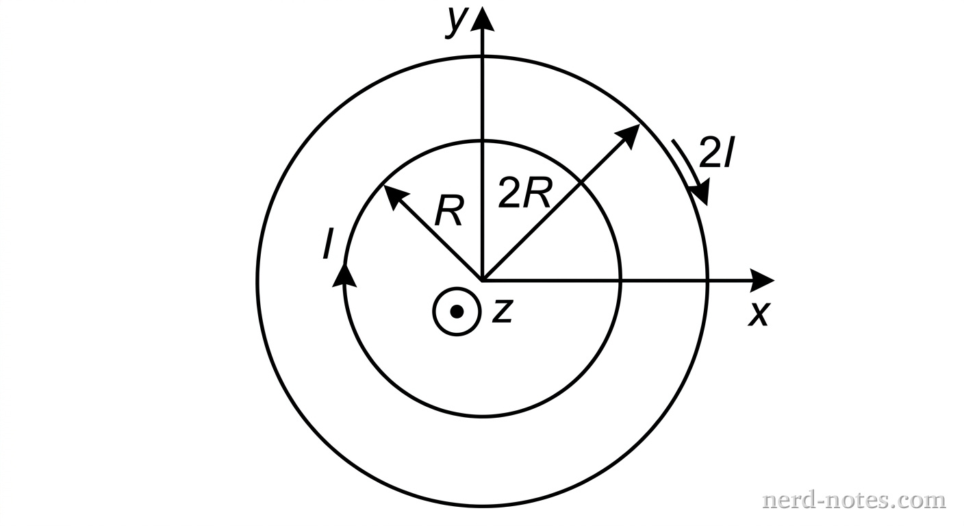 Two coplanar concentric circular loops carrying currents in opposite directions.
