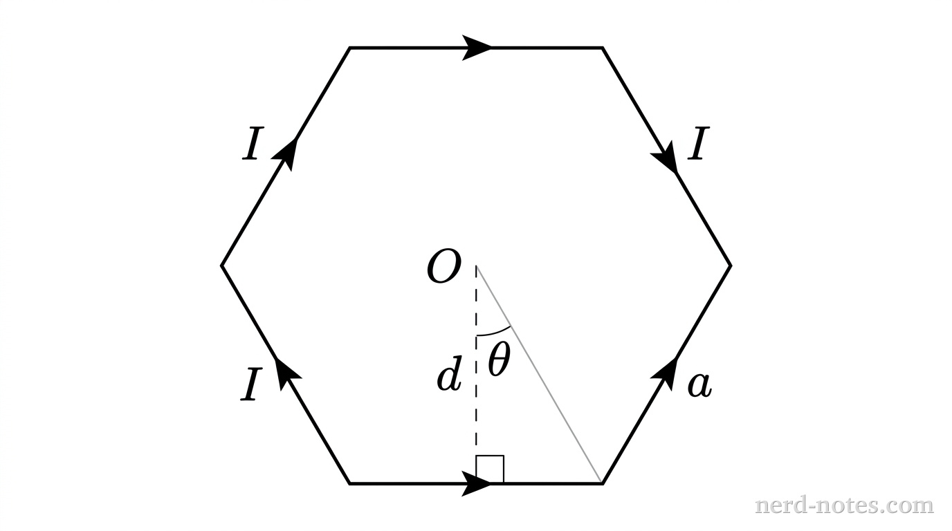 A regular hexagonal wire loop carrying current \(I\).