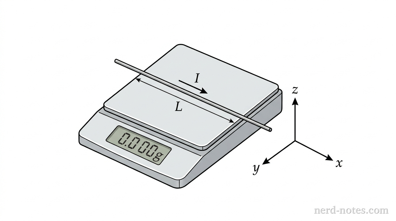 A wire segment carrying current resting on a digital balance in a magnetic field.