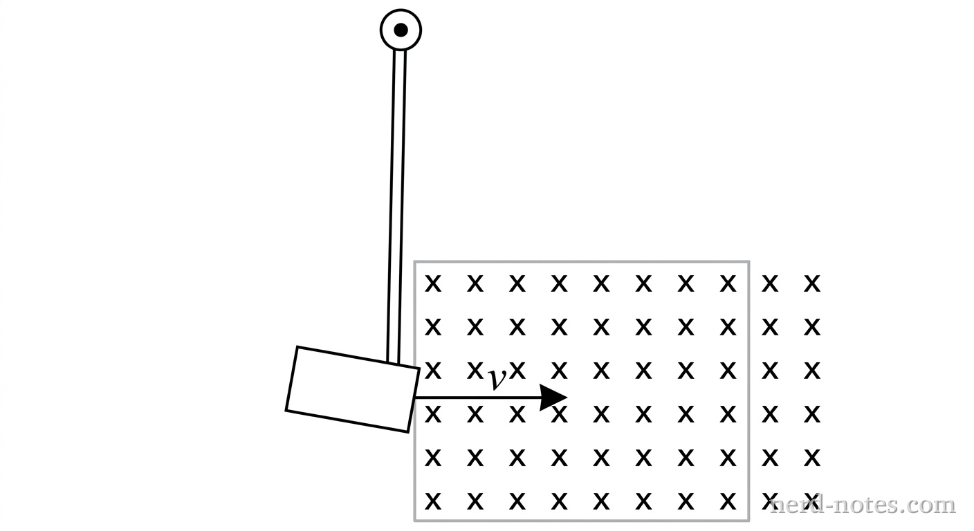 A solid copper plate swinging into a region of uniform magnetic field.