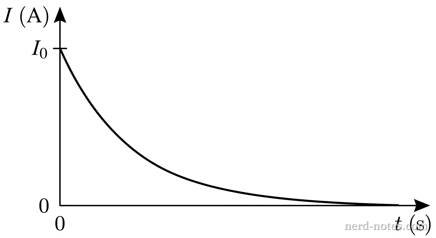 Current \(I\) as a function of time \(t\) in a discharging LR circuit.