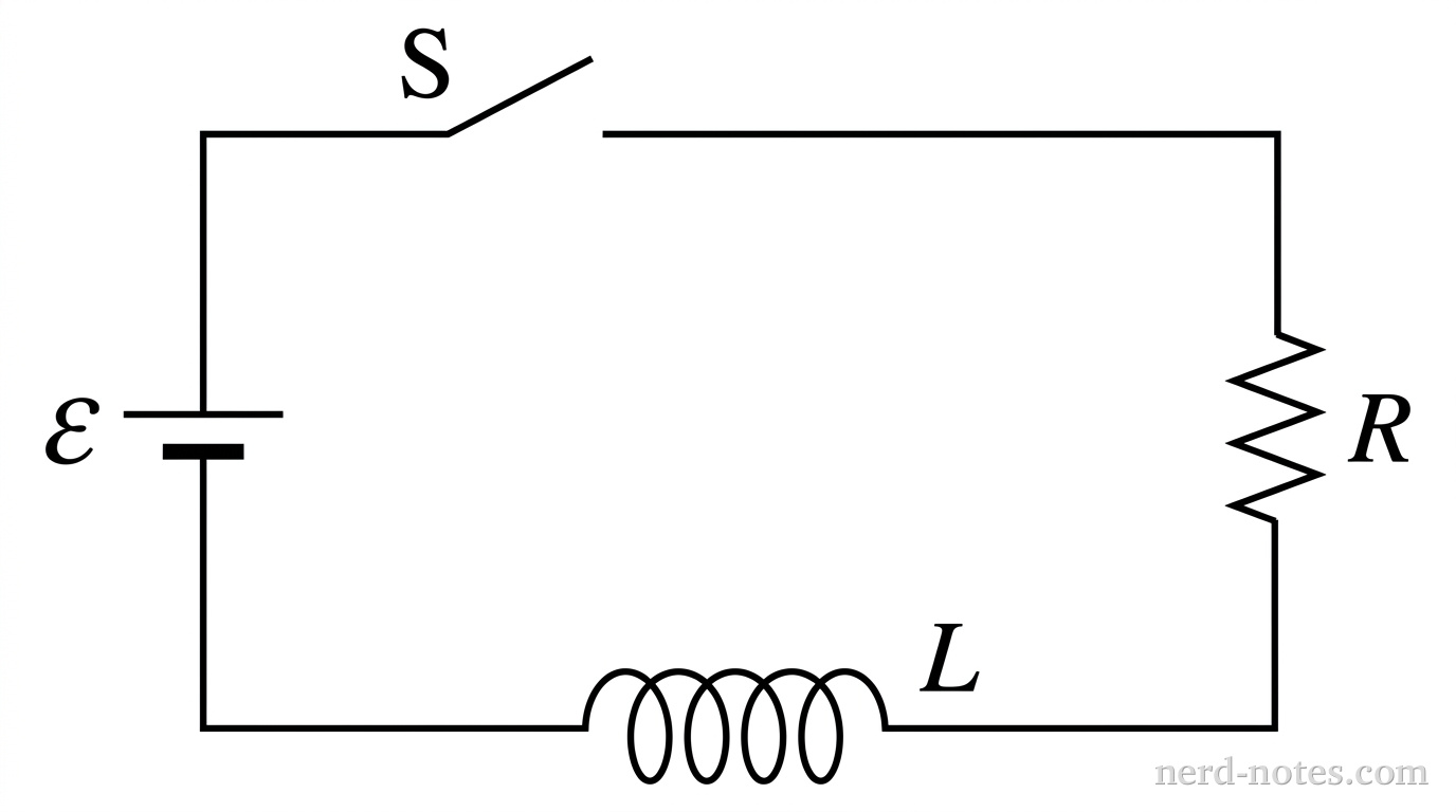 A schematic diagram of a single-loop series electric circuit rendered as a simple rectangular wire loop. On the left vertical wire is an ideal battery labeled \(\mathcal{E}\), with a long vertical line above a short vertical line. Along the top horizontal wire is an open switch labeled S. On the right vertical wire is a resistor drawn as a standard zigzag line labeled R. Along the bottom horizontal wire is an ideal inductor drawn as four coiled loops labeled L. No other labels, lines, text, or axes appear.