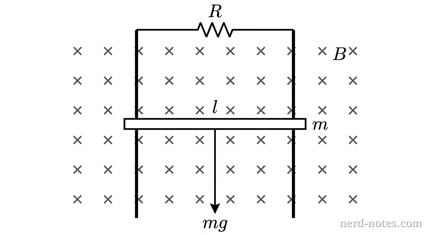Conducting bar sliding down vertical rails in a magnetic field.