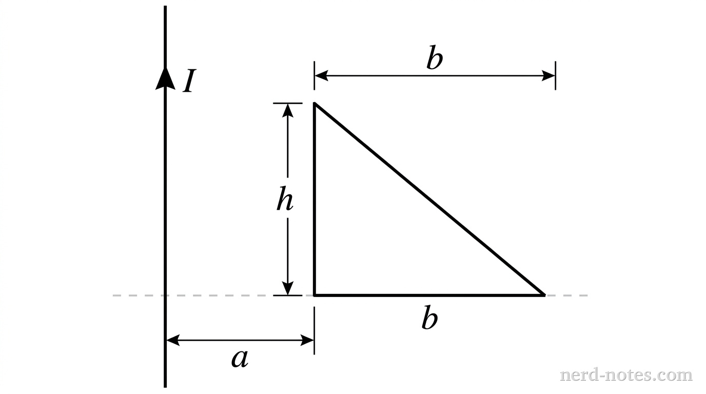 A vertical line representing a long straight wire carries a current labeled I pointing upward. To the right of the wire, a right-triangular loop is drawn in the same plane. The vertical left edge of the triangle has height h and is parallel to the wire, positioned at a horizontal distance a from the wire. The horizontal bottom edge of the triangle has length b and extends from x = a to x = a + b along a horizontal axis perpendicular to the wire. The hypotenuse connects the top vertex (a, h) to the far-right vertex (a + b, 0). Arrowheads indicating horizontal dimensions show distance a from the wire to the vertical edge and distance b across the base. No other labels, lines, text, or axes appear.