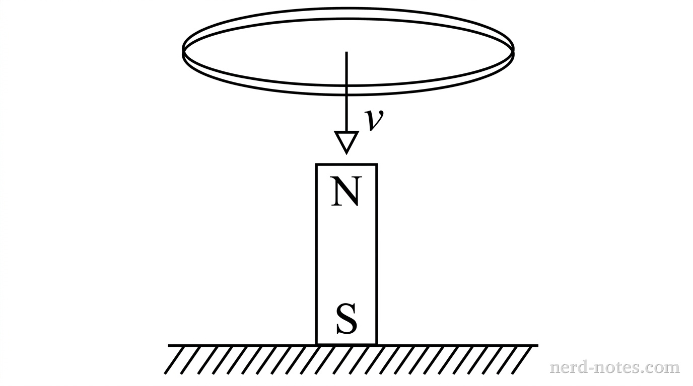 A conducting ring falling toward the north pole of a bar magnet.