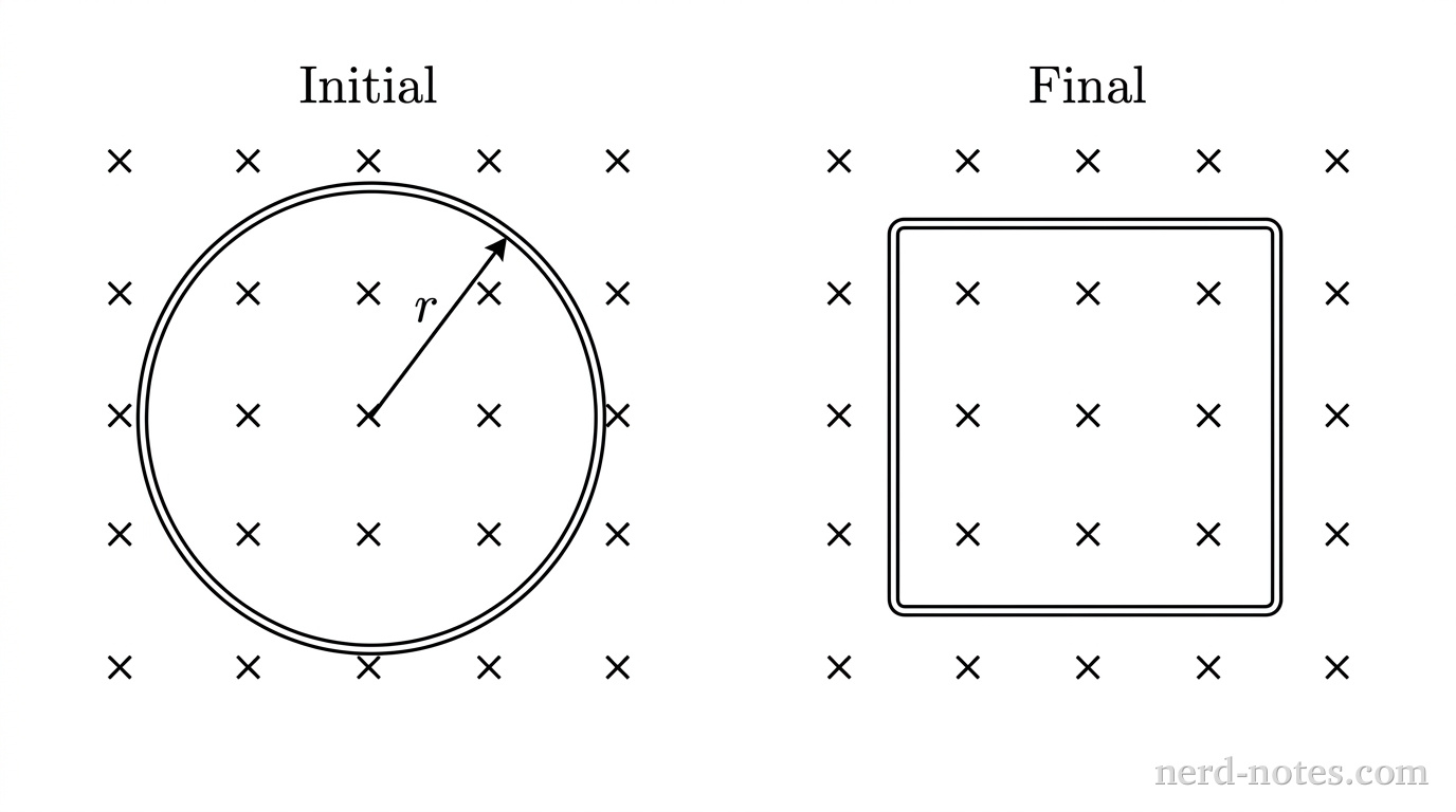 A flexible wire loop initially circular with radius r is deformed into a square of side length s.