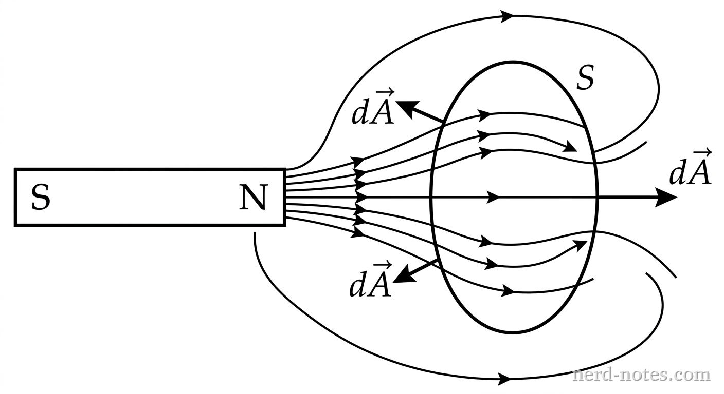 A horizontal bar magnet is shown on the left with its North pole labeled N facing right and South pole labeled S facing left. To the right of the bar magnet, a smooth, closed 3D oval surface labeled S is drawn in space. Magnetic field lines emerge from the N pole, curve toward the right, penetrate the left side of surface S (entering the enclosed volume), pass through the interior region, and penetrate the right side of surface S (exiting the volume), continuing in continuous curves back toward the S pole. Two outward-pointing surface normal vector arrows labeled d\vec{A} are shown on surface S: one on the left pointing outward to the left, and one on the right pointing outward to the right. No other text, labels, or axes appear.