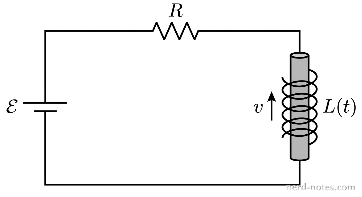 Circuit with a variable-inductance coil whose core is removed over time.