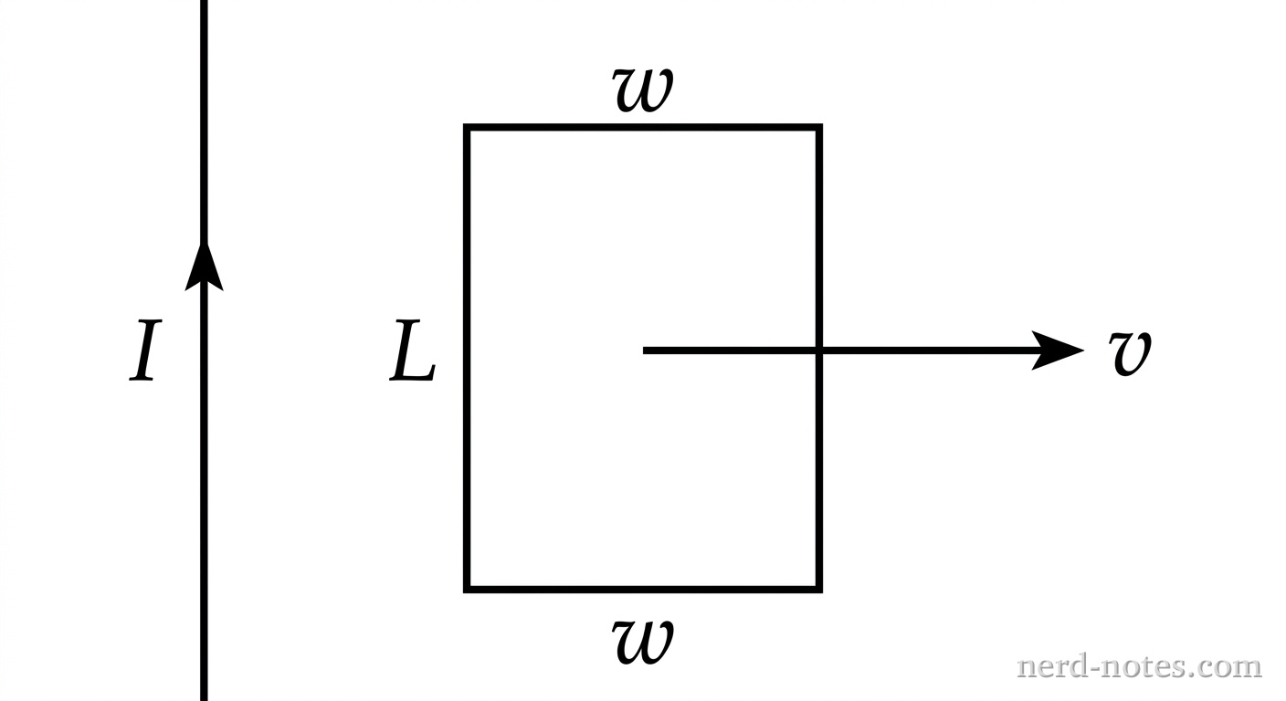 A rectangular loop moving away from a current-carrying wire.